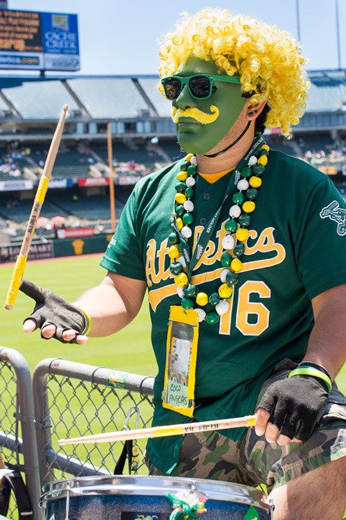 Season ticket holder Coco Fingers plays drums at A's games. He derives his game name from the combination of Rollie Fingers' mustache and Coco Crisp's hair. 