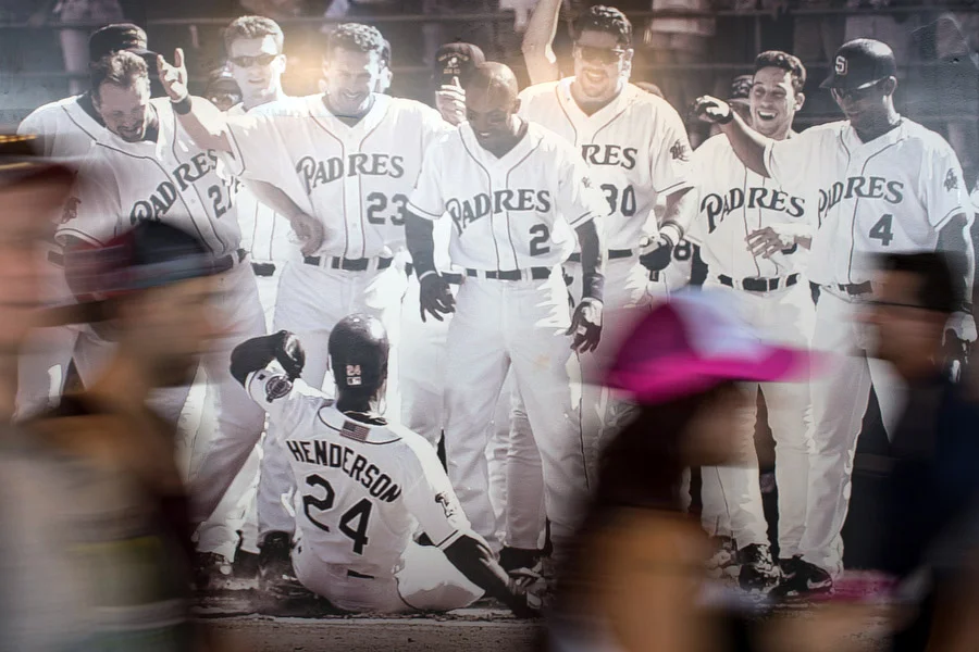 A photo of Rickey Henderson, the all-time stolen base leader, hangs on the wall in Petco Park. 