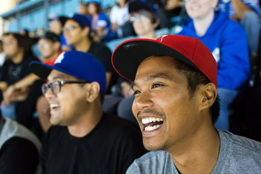 Dodgers fan Sotheara, left, and Jeff, an Angels fan, have been best friends for 15 years. 
