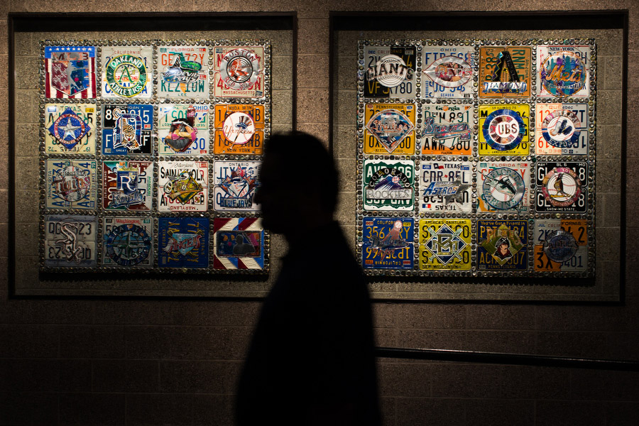 The stadium features a wall that contains team logos crafted with license plate fragments.