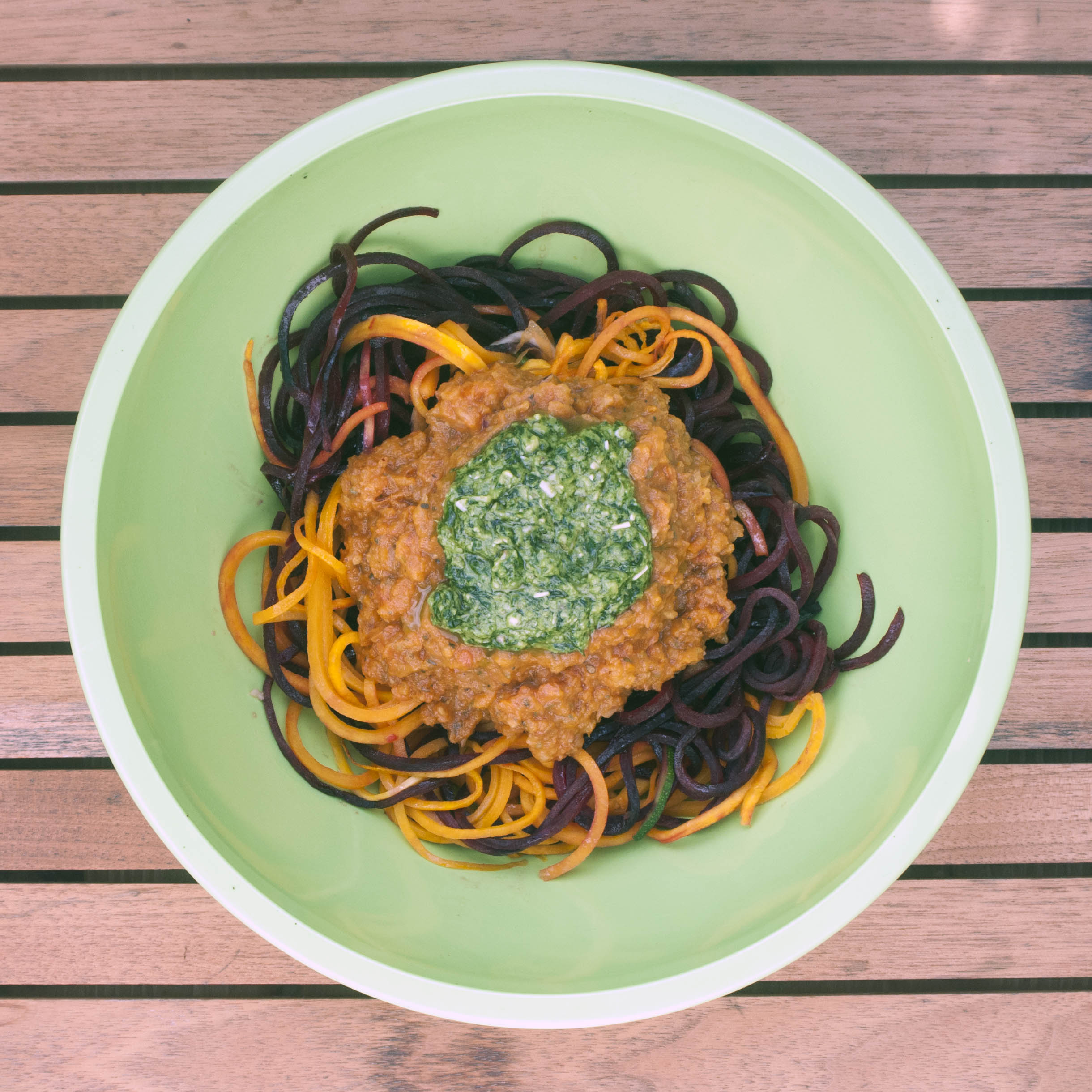 Spiralised vegetables and home made pesto