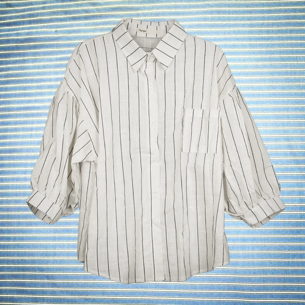 Pin-Striped Balloon Sleeve Blouse