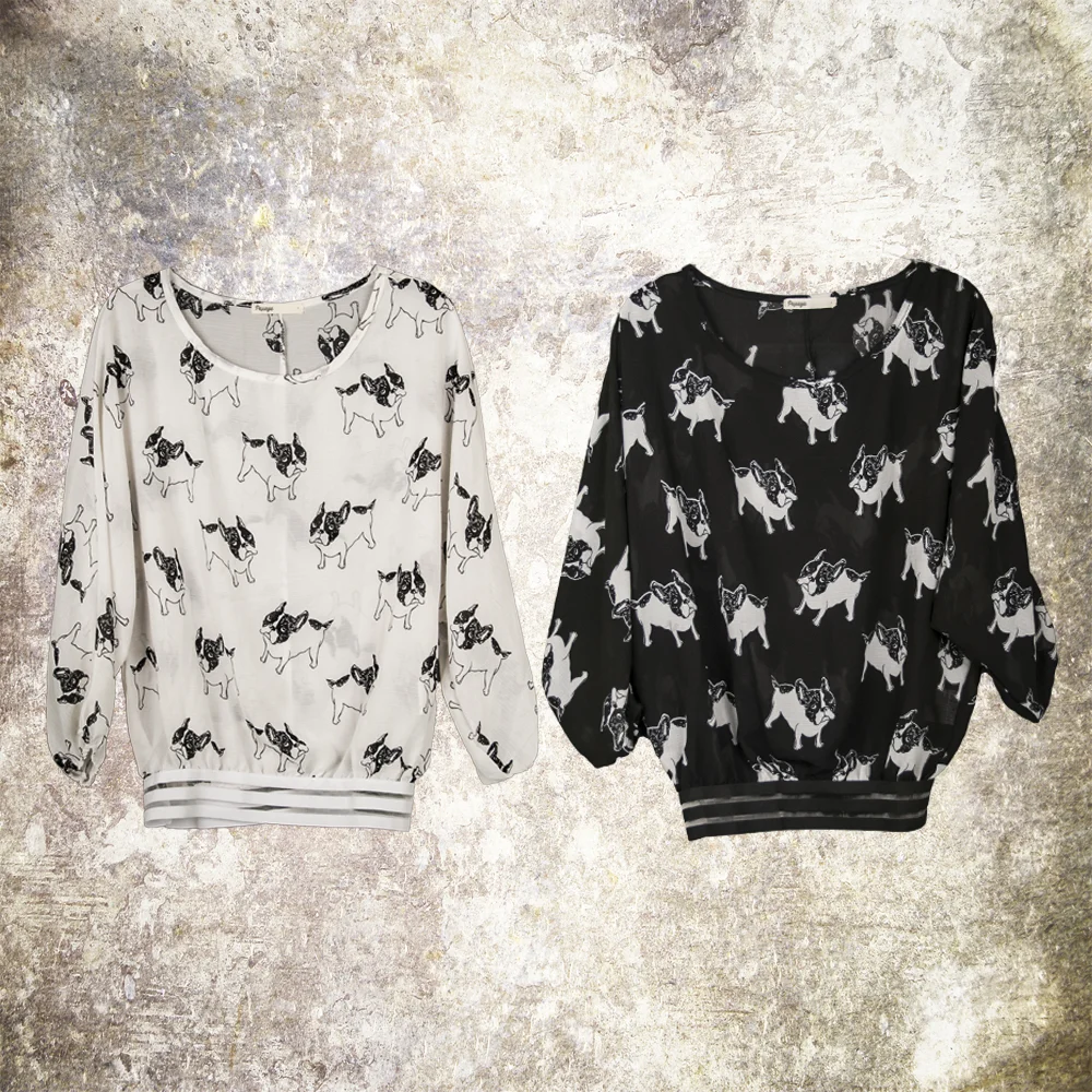 French Bulldog Print Dolman Chiffon Blouse