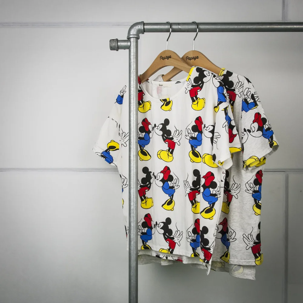 "Mickey & Minnie" Print Boxy Stretch Tee
