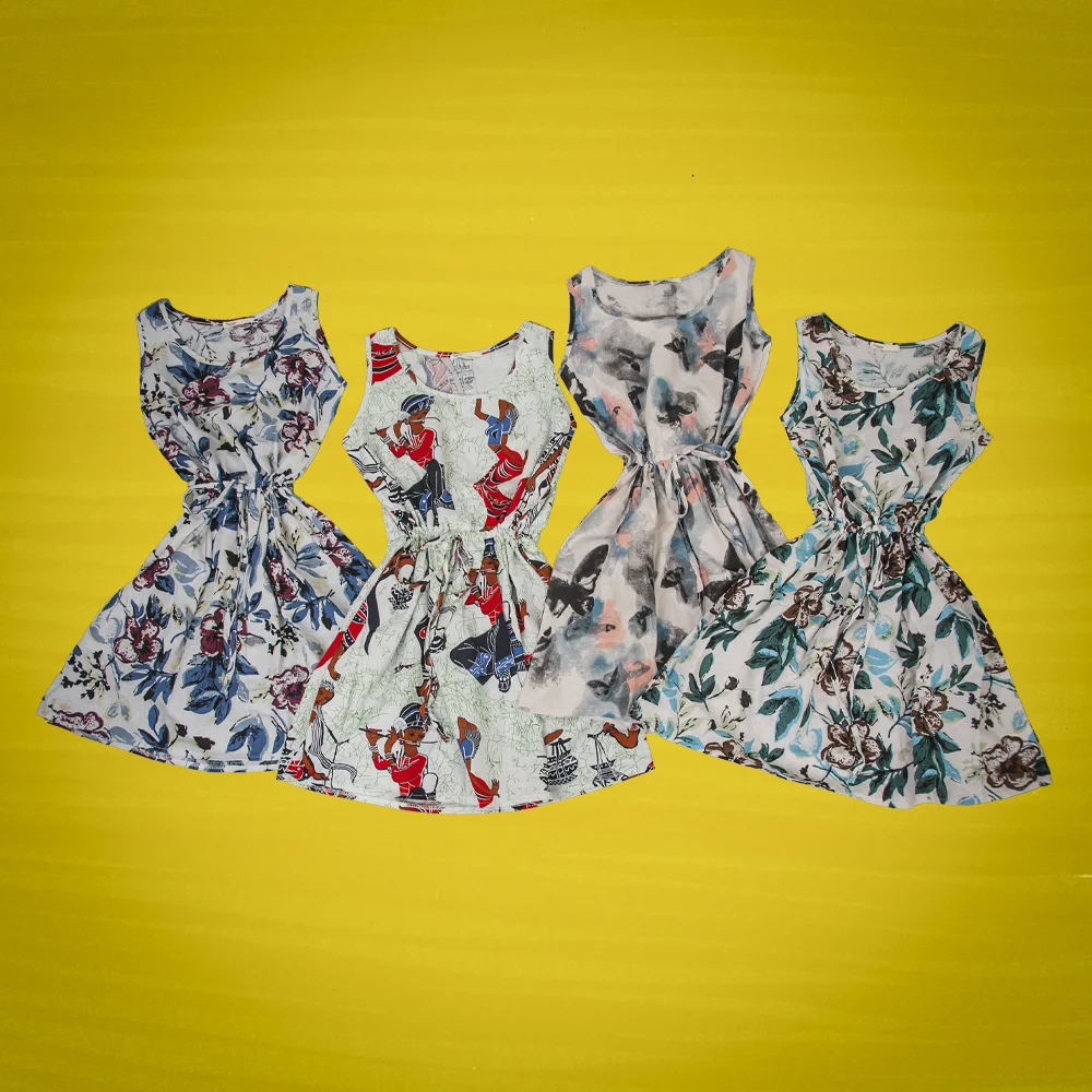 Mixed Print Drawstring Midi Dress