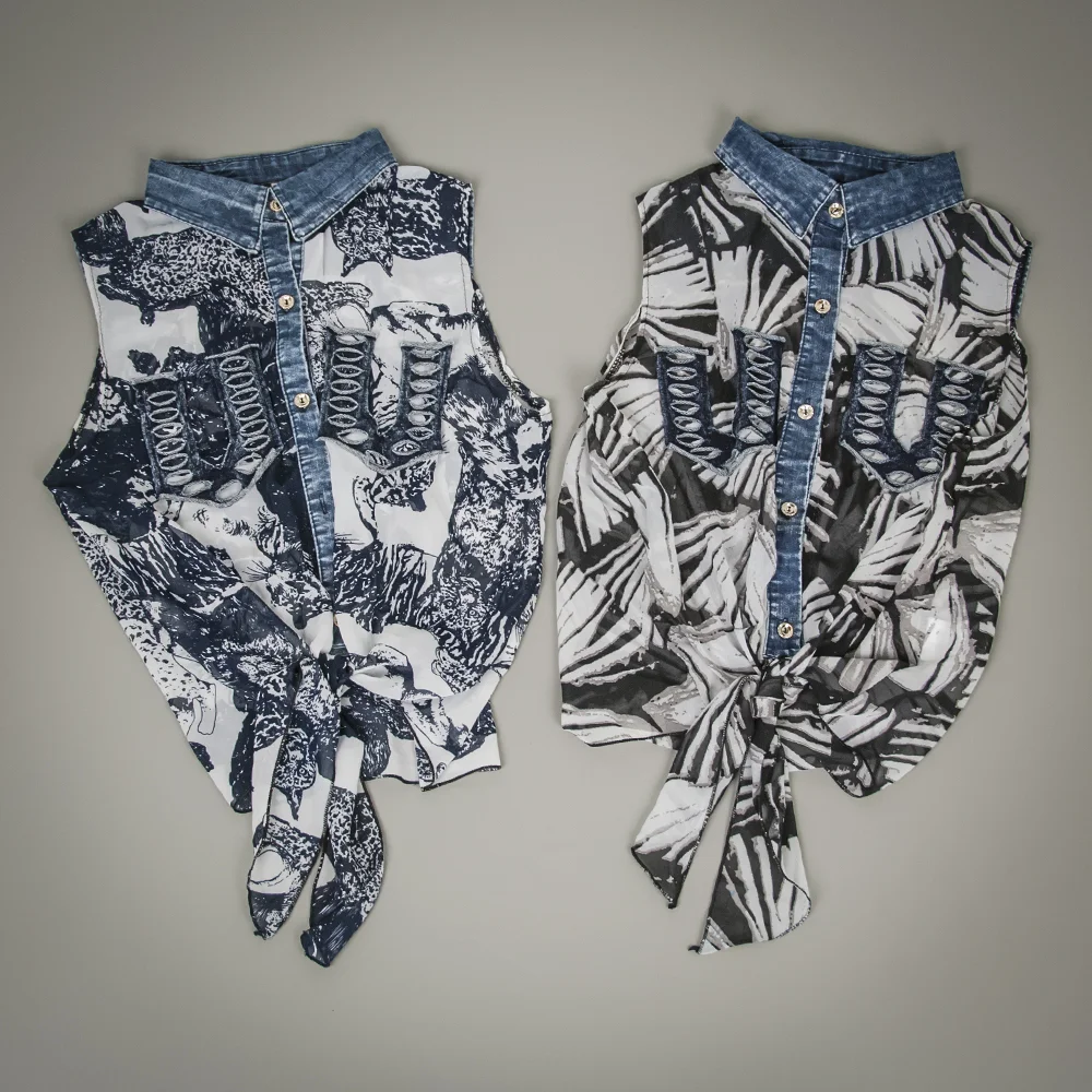 Denim Trim Front Tie Sleeveless Chiffon Blouse