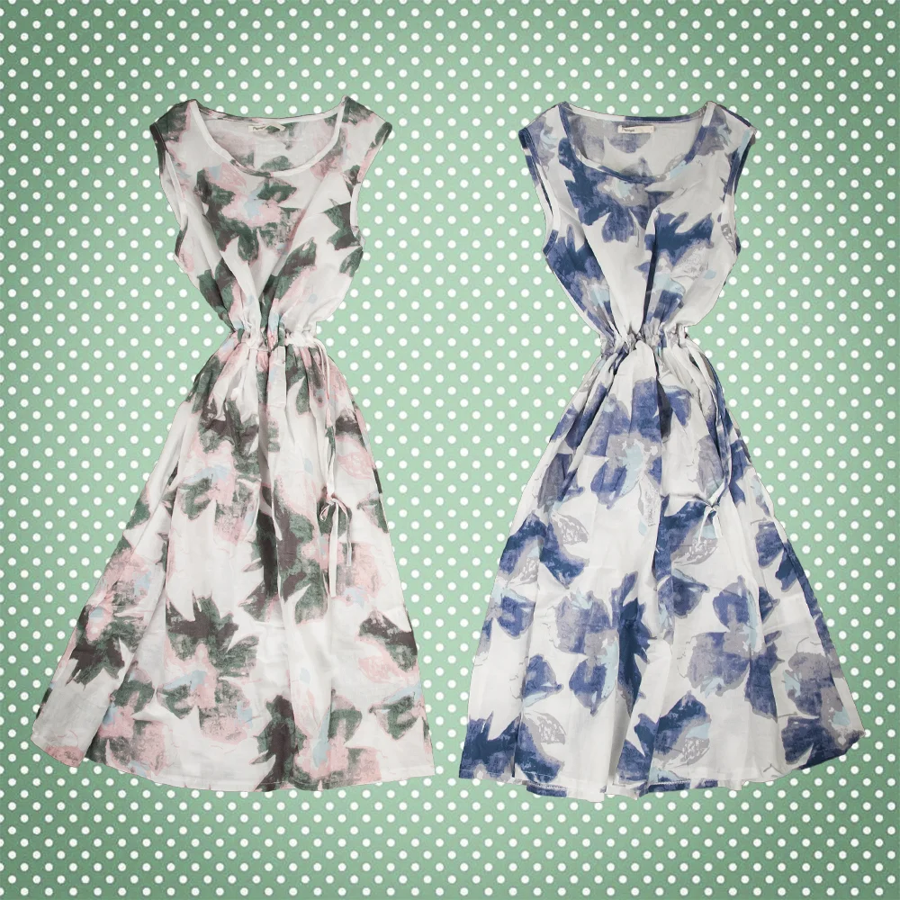 Watercolor Print Full Skirt Linen Dress