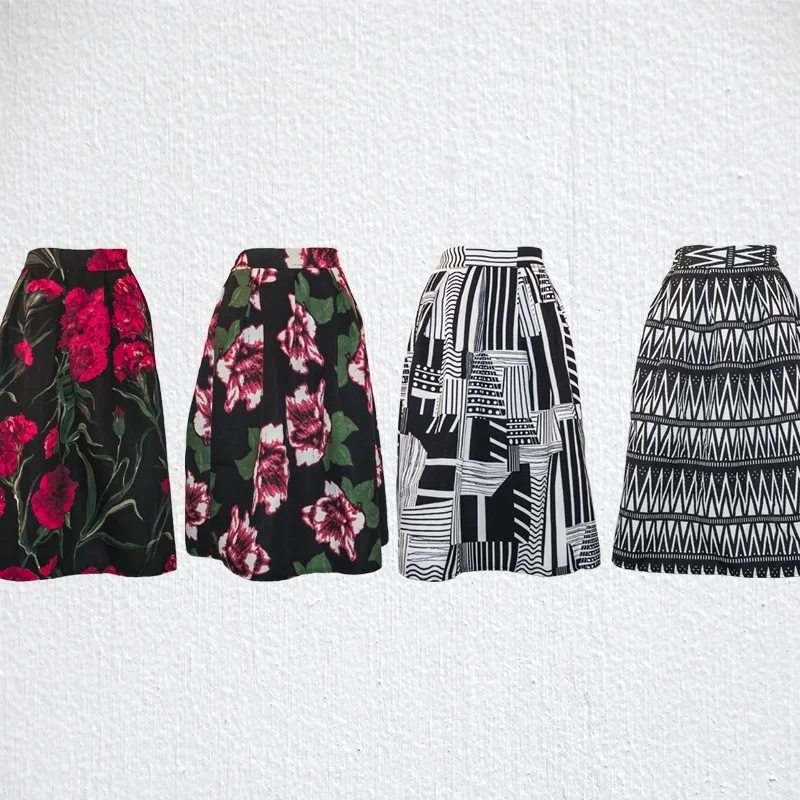 Mixed Print Pleated A-Line Skirt