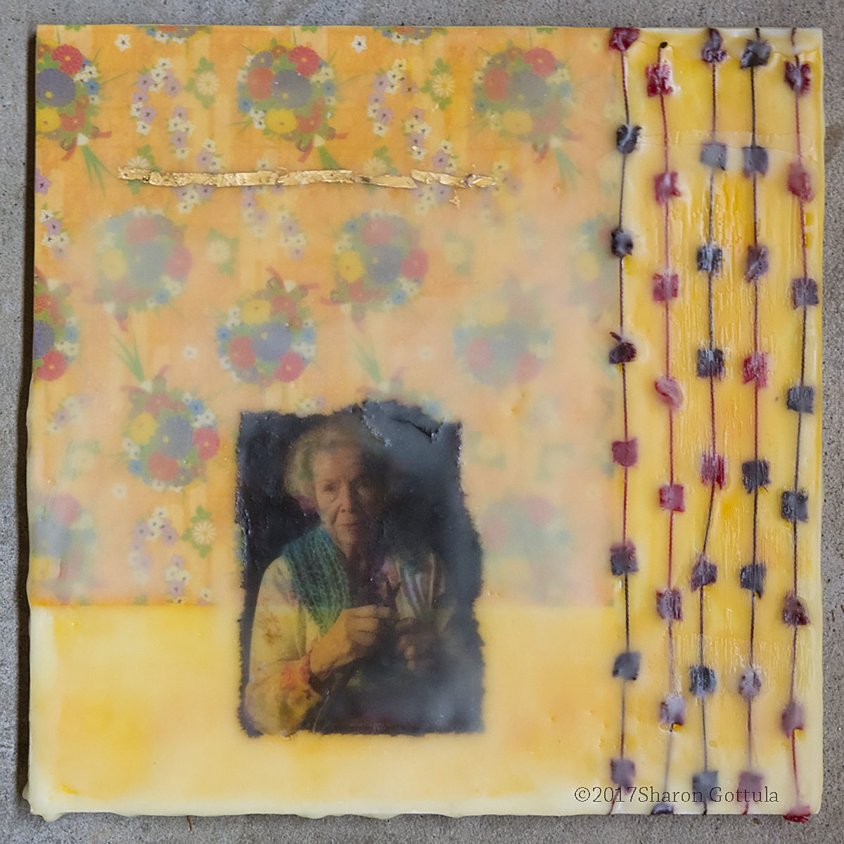 "Memories" Washi paper, photography, yarn and encaustic. 8" x 8"