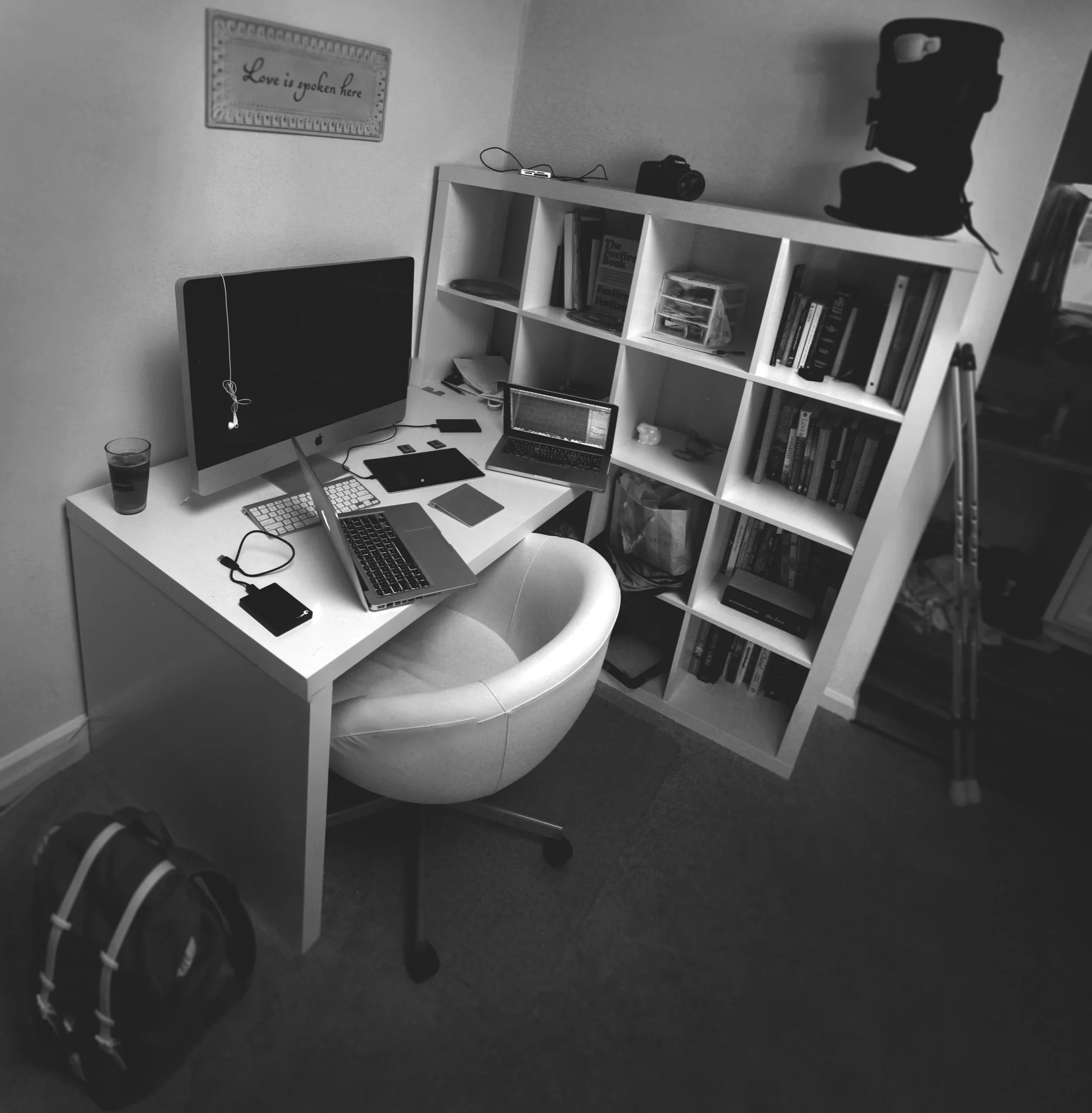 This was a photomerge of about 5 different photographs. I did this in order to give the viewer an upclose and wide perspective on my workspace.