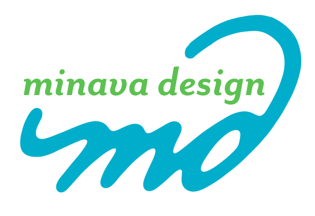 Minava Design logo with stylized text 'minava design' in green and blue.