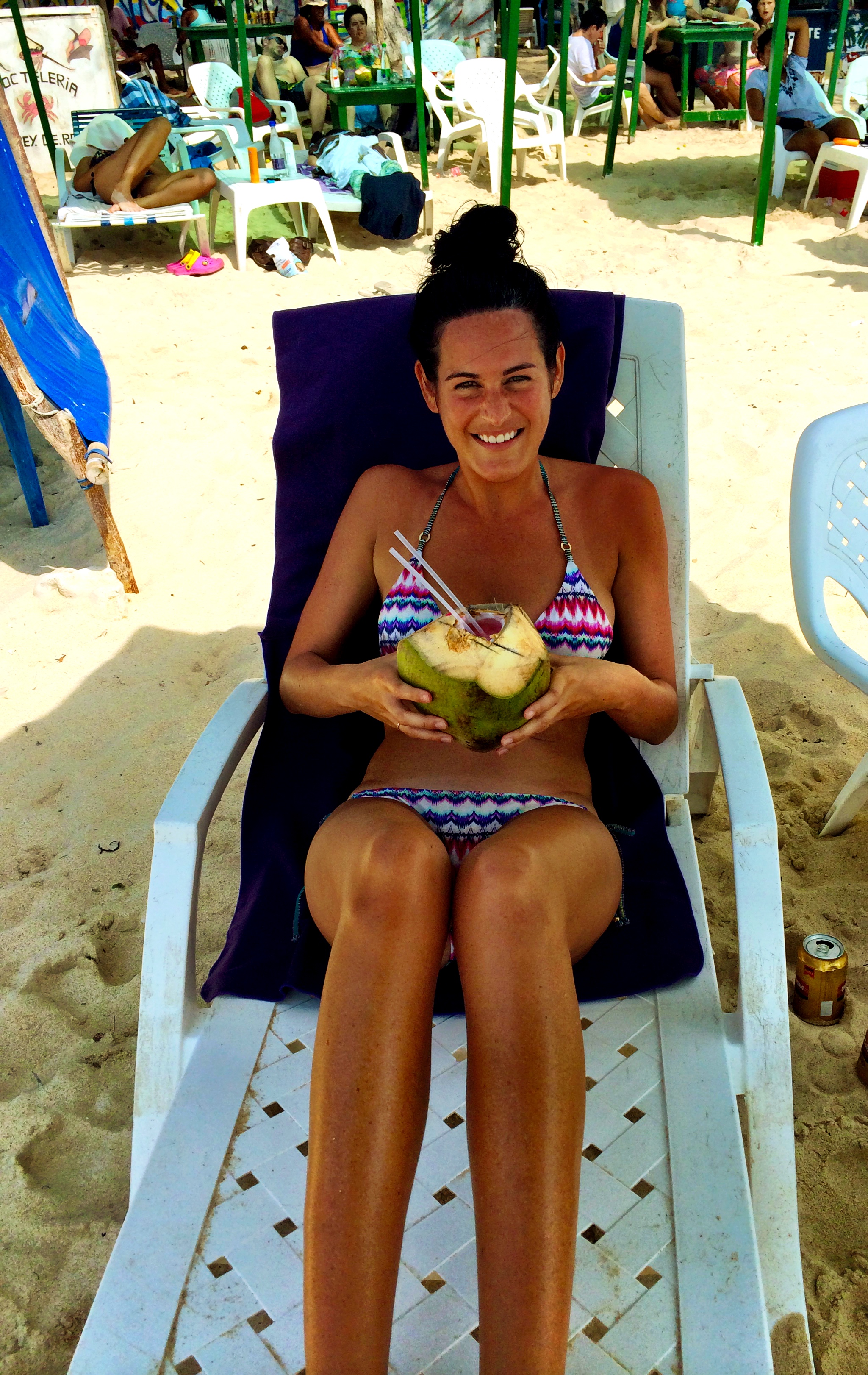 Drinks in coconuts make Sarah very happy. She bought this Coco Loco from a guy carting around a wheel barrel of booze and whole coconuts.