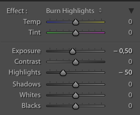 Burn Highlights dengan dua parameter yang sudah di-set nilai awalnya, yaitu Exposure (-0,50) dan Highlights (-50).