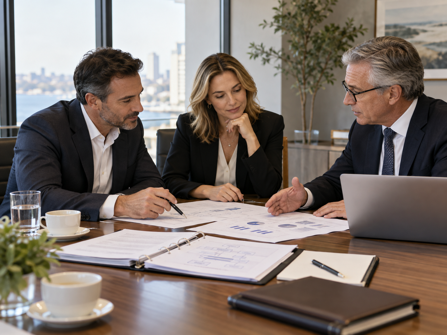 Business owner and advisers reviewing corporate share and family trust planning documents.