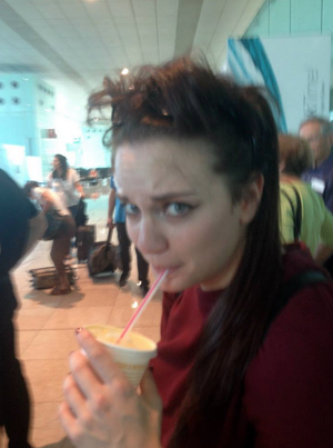 Look how stoked Jen is to fly domestic back home from Barcelona!