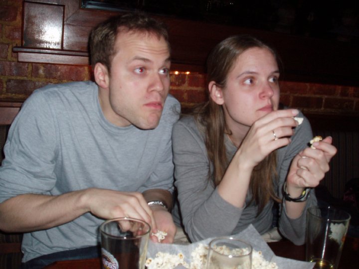Steph and Subway eat free popcorn and watch the "Staci kisses a random stranger" horror show.