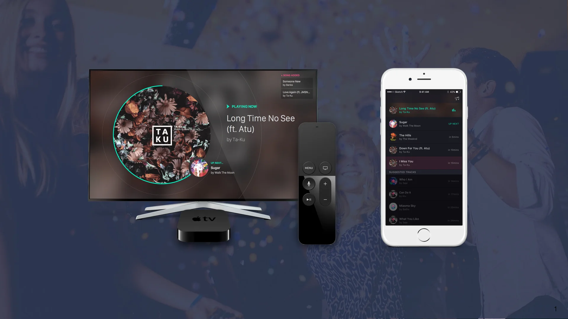 Partygoers are able to view, skip, and add songs in the tvOS application, in addition to viewing and adding music on their phones. These mock ups were created by others on the design team working on this project.