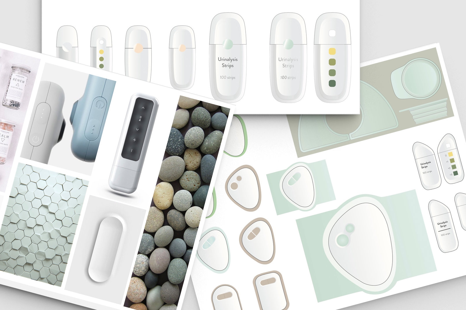 Form development and visual identity process using thematic boards (this board focused on "spa-like" characteristics)