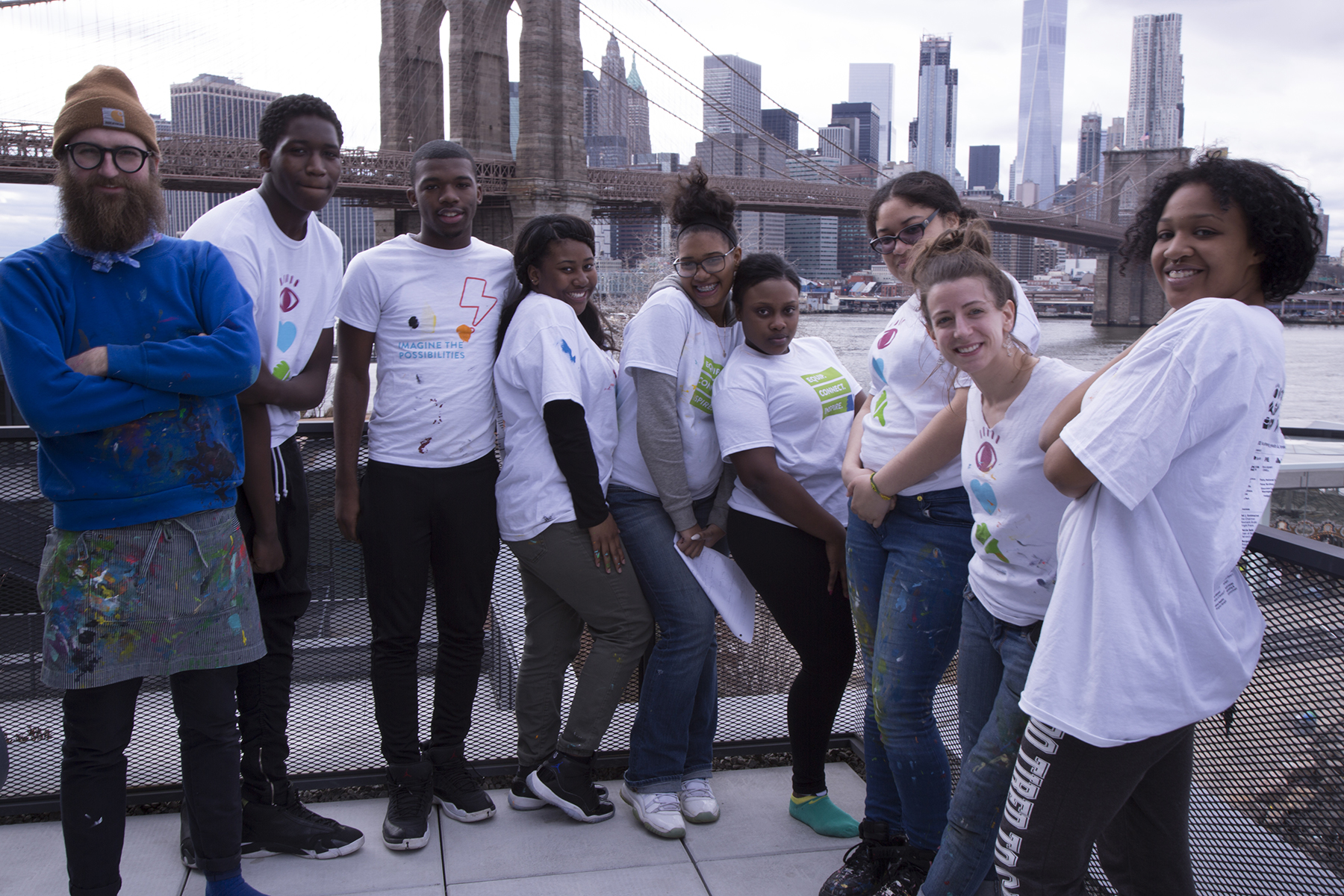 The 72andSunny Mural Team: Visiting Artist Mike Perry, Alexander Snagg, Teron Collins, Maya Babb, Yadey Veloz, Frankel Summerville, Elsie Vidal, CAW Teaching Artist Jessie Novik, Kassie Sylla. 