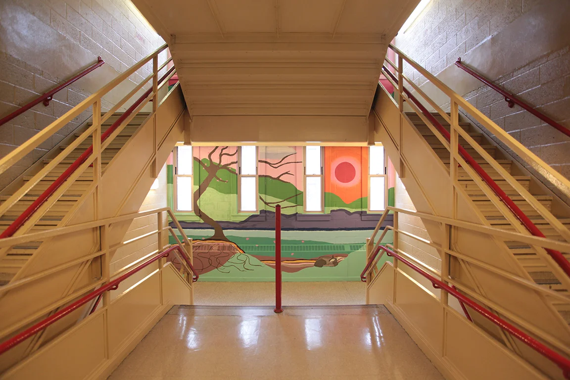 High school students at Global Learning Collaborative High School painted two stairwell murals as part of a spring 2017 Creative Art Works out-of-school time program, implemented as part of the NYC Department of Health and Mental Hygiene’s Mental Health by Design (MHxD) Initiative funded by ThriveNYC . 