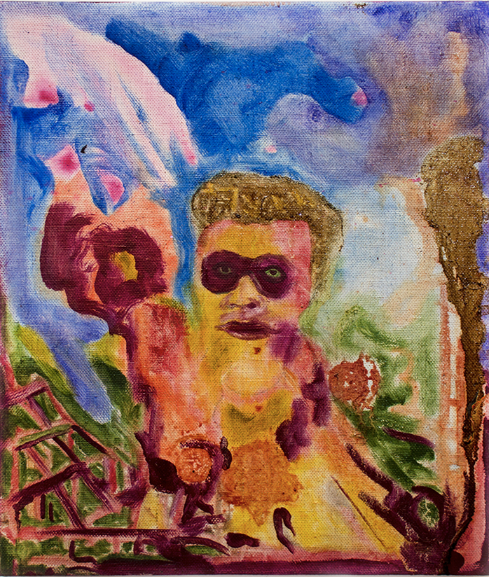 Imagine I 'm A Genie , by Zachary Podgorny, 2017, watercolor, oil, balsam, coin, shards of glass, on linen, 24 x 20 inches.