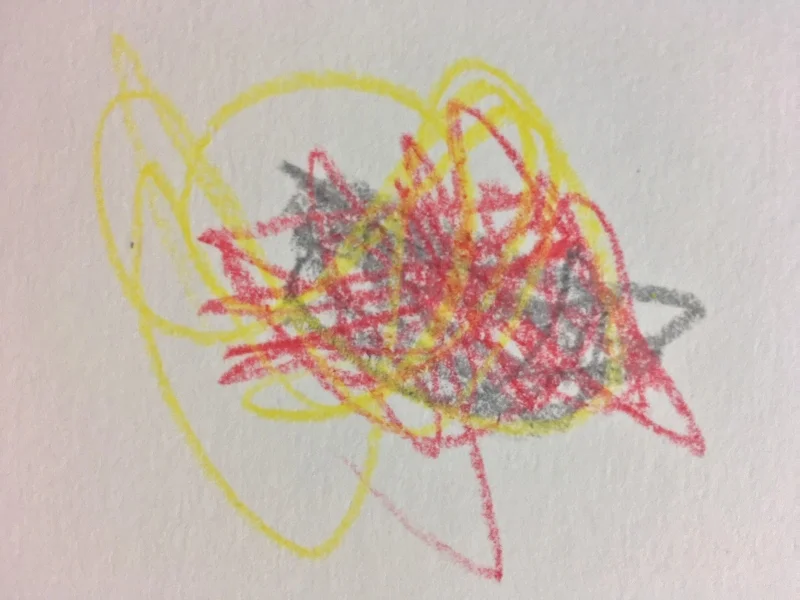 Gray represents sadness, red represents anger, and yellow represents confusion. Christopher's drawing made shortly after an argument