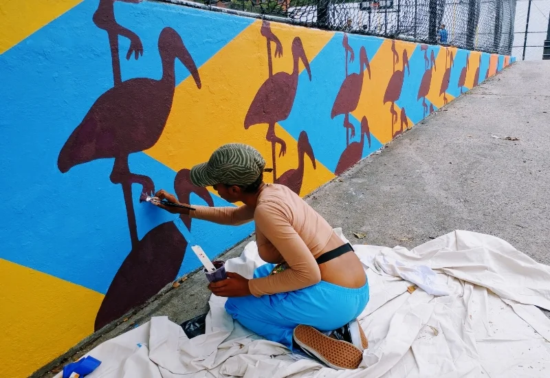 A pattern of white-faced ibis on one of the parapets in Jacob Schiff Park