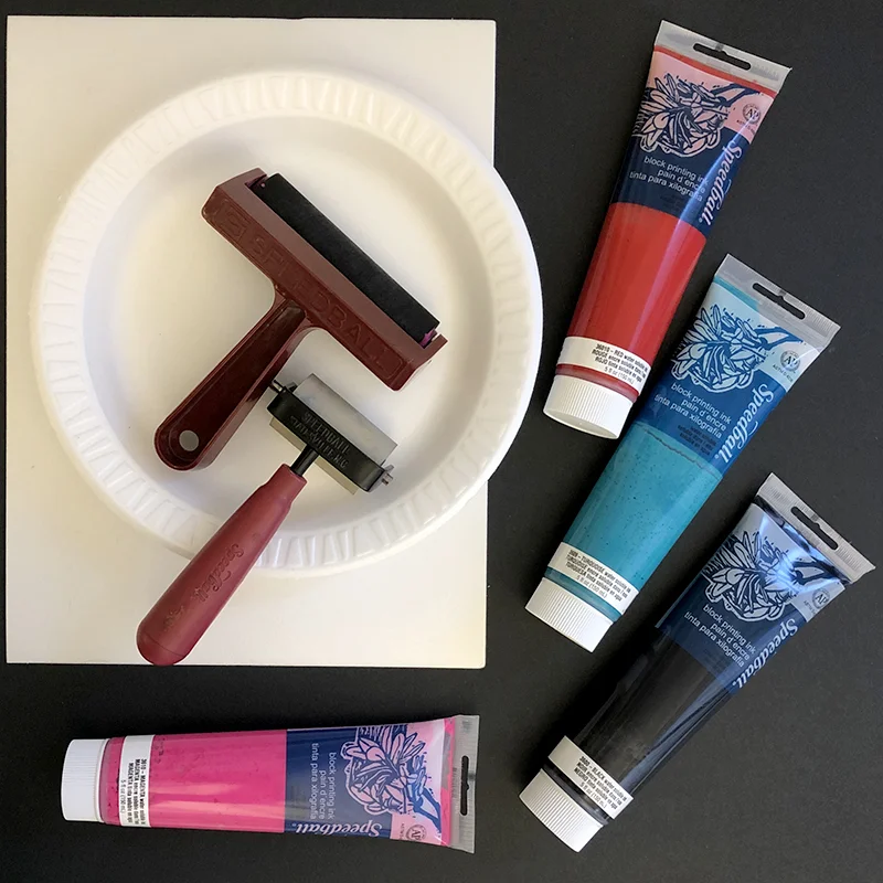 Rollers (brayers), water-soluble block printing ink, foam sheets or foam plates