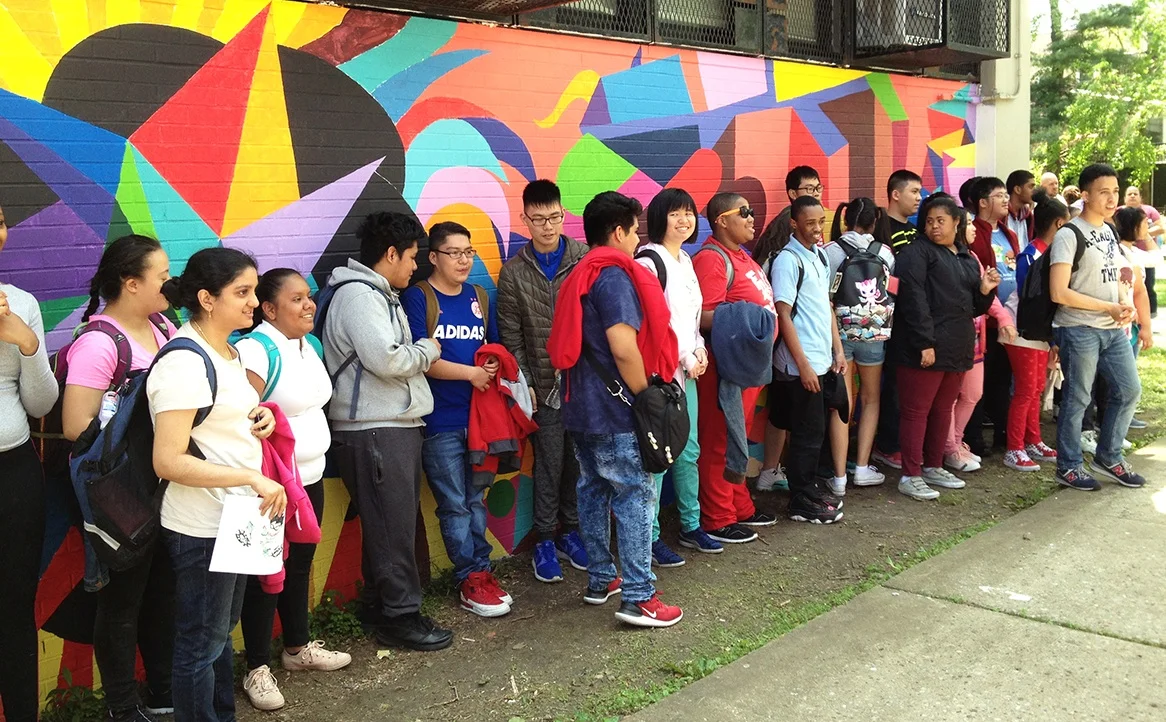 Students in the Adaptive PE class at FDR High School in Brooklyn at the unveiling of the active design Mural they helped to create