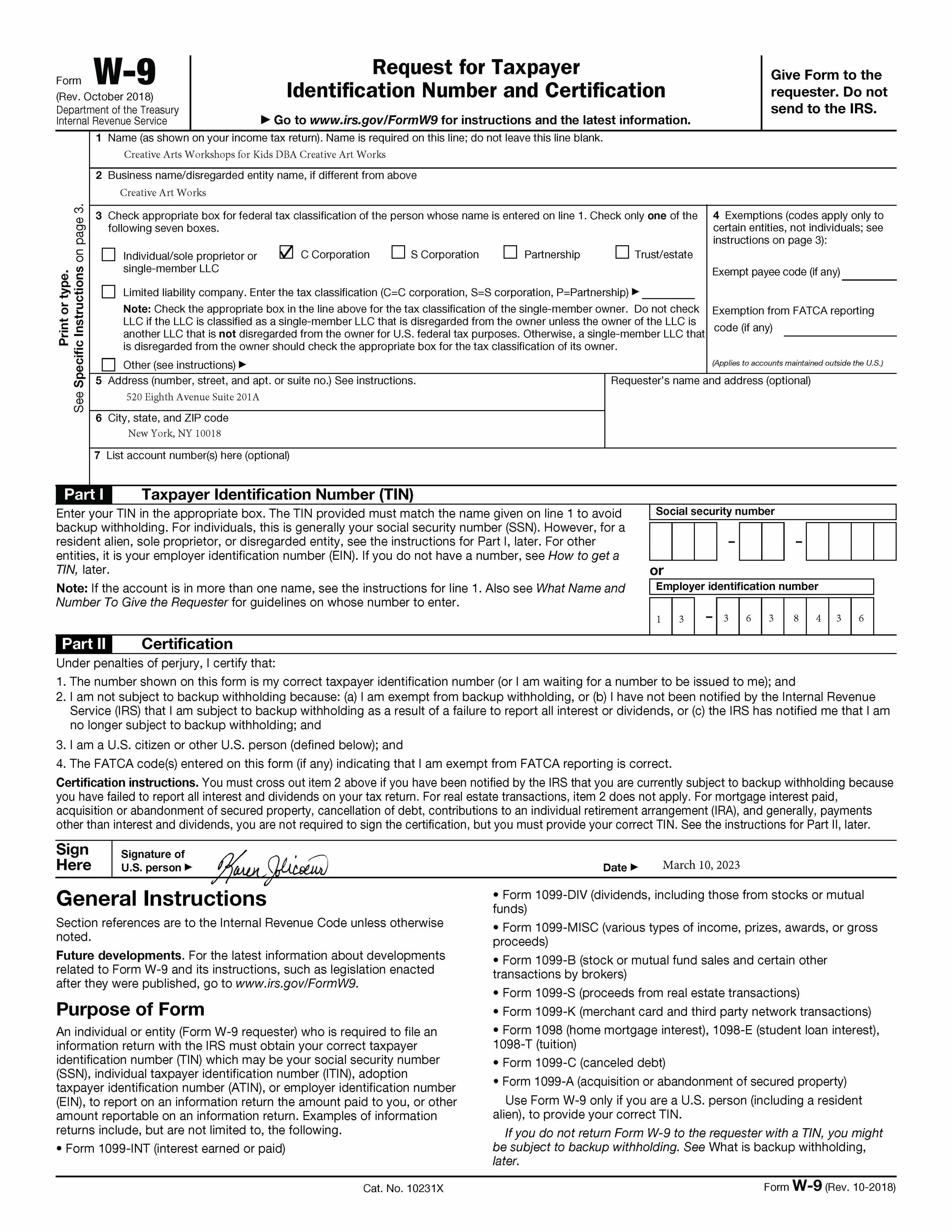 2018 W-9 Taxpayer ID and Certificate — Creative Art Works