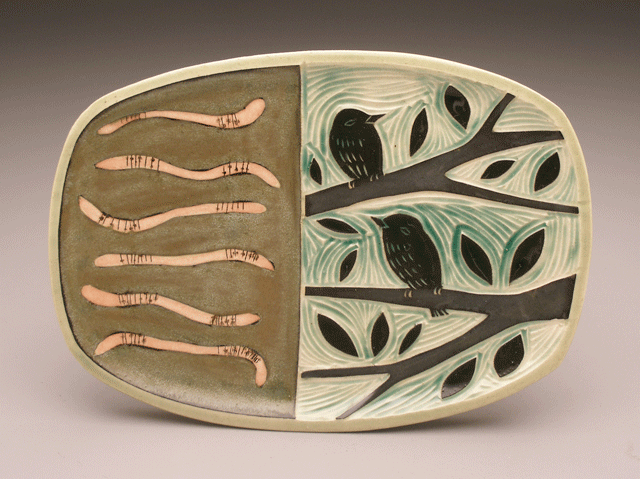 worms and birds , rectangular plate, 9 x 6 x 1