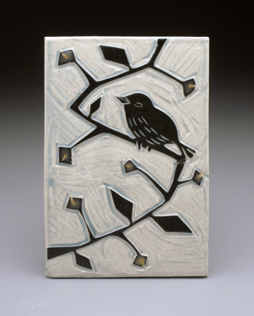   bird on budding vine , 4x6 tile 