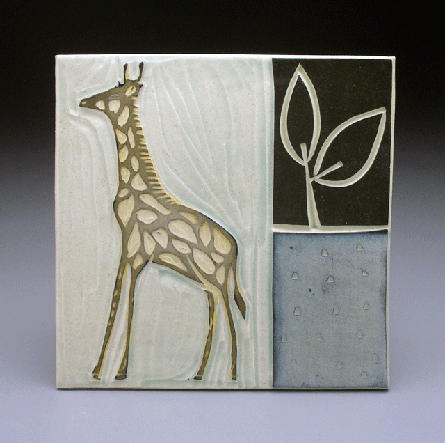   giraffe + leaves , 6x6 tile 