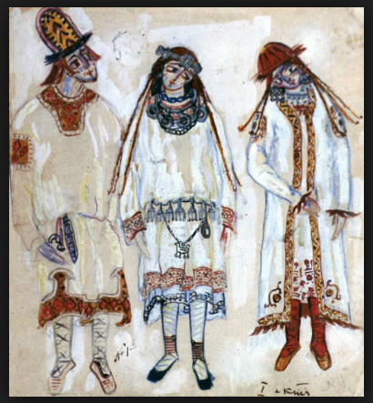 "Three Figures (A Youth and Maidens), Act I" by Nicholas Roerich is a 1912 tempera, watercolor, ceruse, pencil, bronze and silver on paper