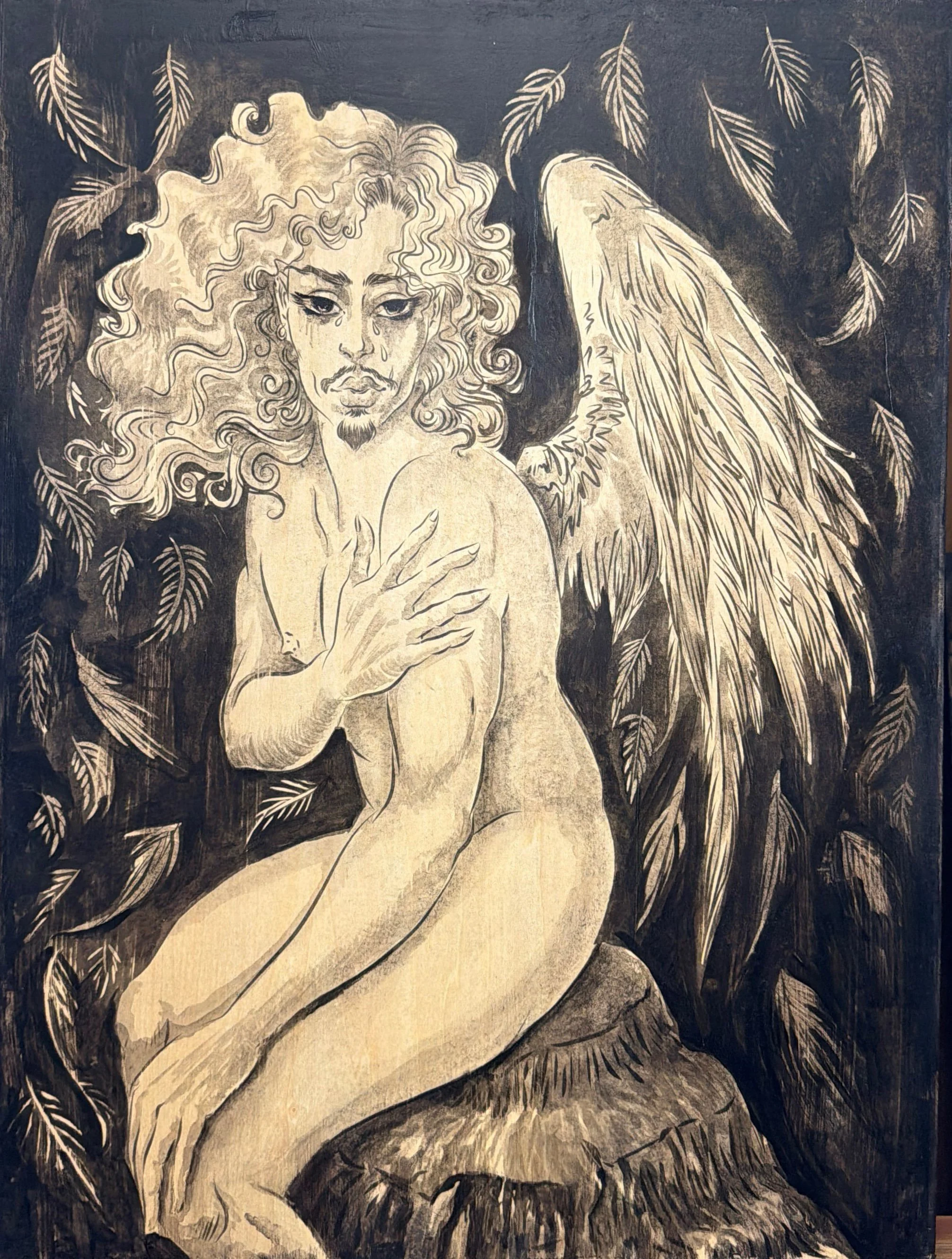 The poet is an angel with clipped wings gel transferring acrylic on panel 2025_1.jpg