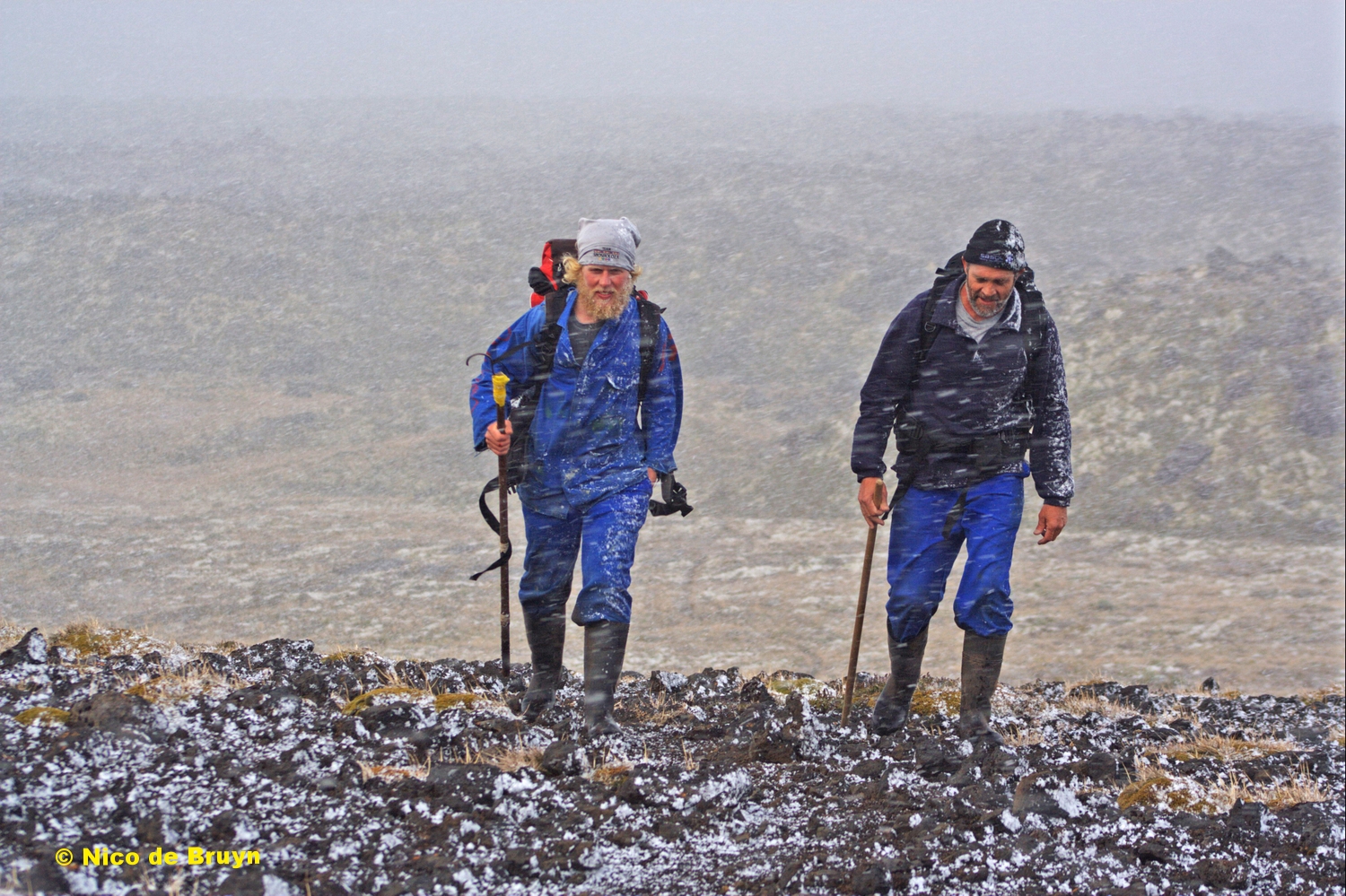  Chris Oosthuizen and Martin Haupt in a snow storm, on route to do some seal work at Marion Island. Photo credit: Nico de Bruyn&nbsp; 