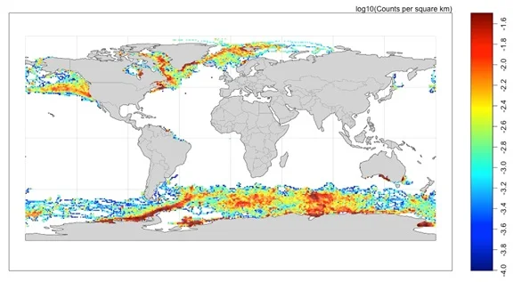 Figure 2: The data density distribution of CTD profiles from the Marine Mammals Exploring the Oceans Pole to Pole (MEOP)-CTD database. 
