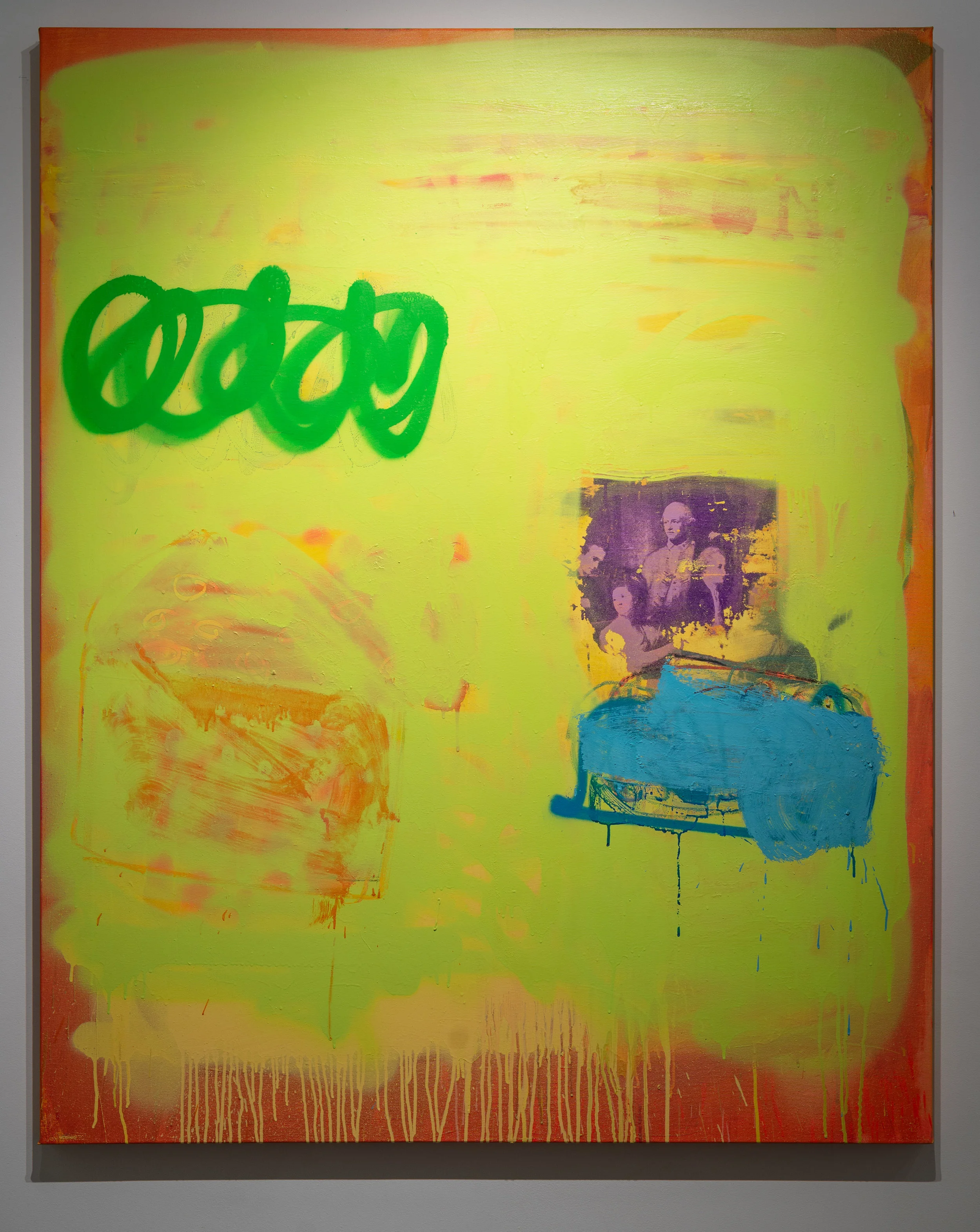 We fucked up, 2016 Oil, screen and spray paint on canvas, 60 x 40”
