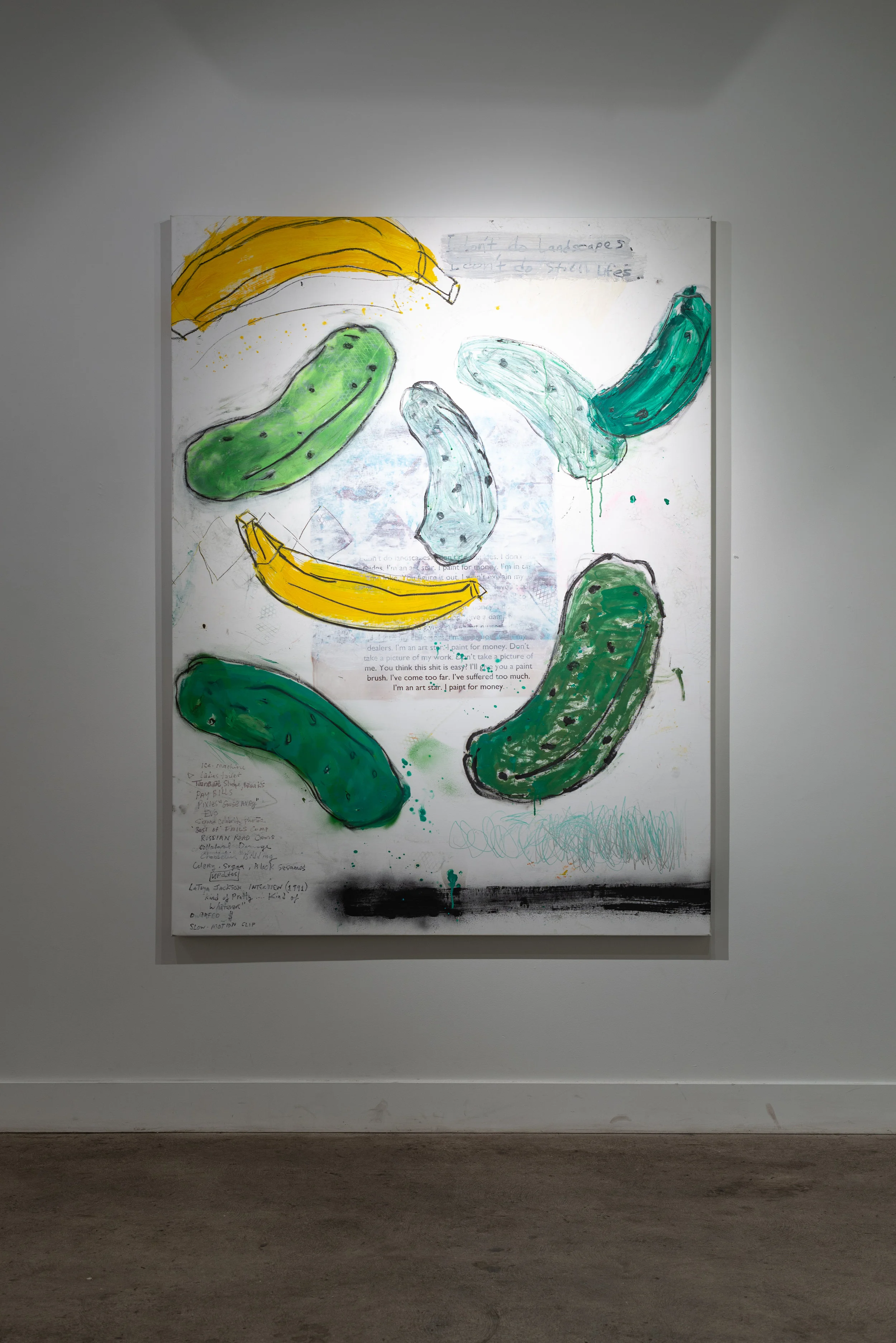 In a Pickle, 2017 oil, spray paint, and crayons on canvas, 72 x 60”