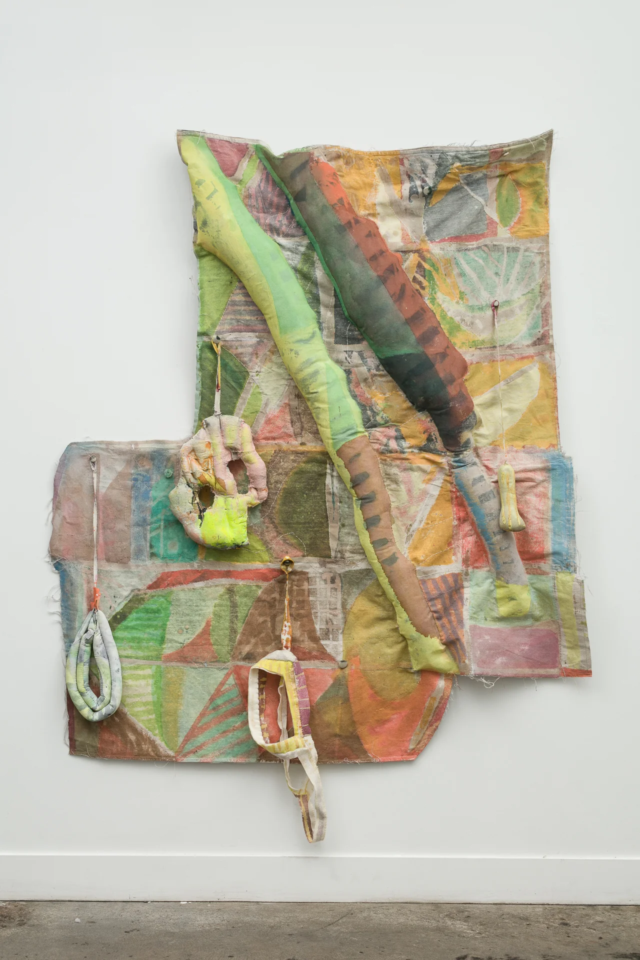 Ground for Body II / Landscape, 2019 with appendages / talismans Fabric dye, acrylic, canvas, thread, wood, felt and fiber