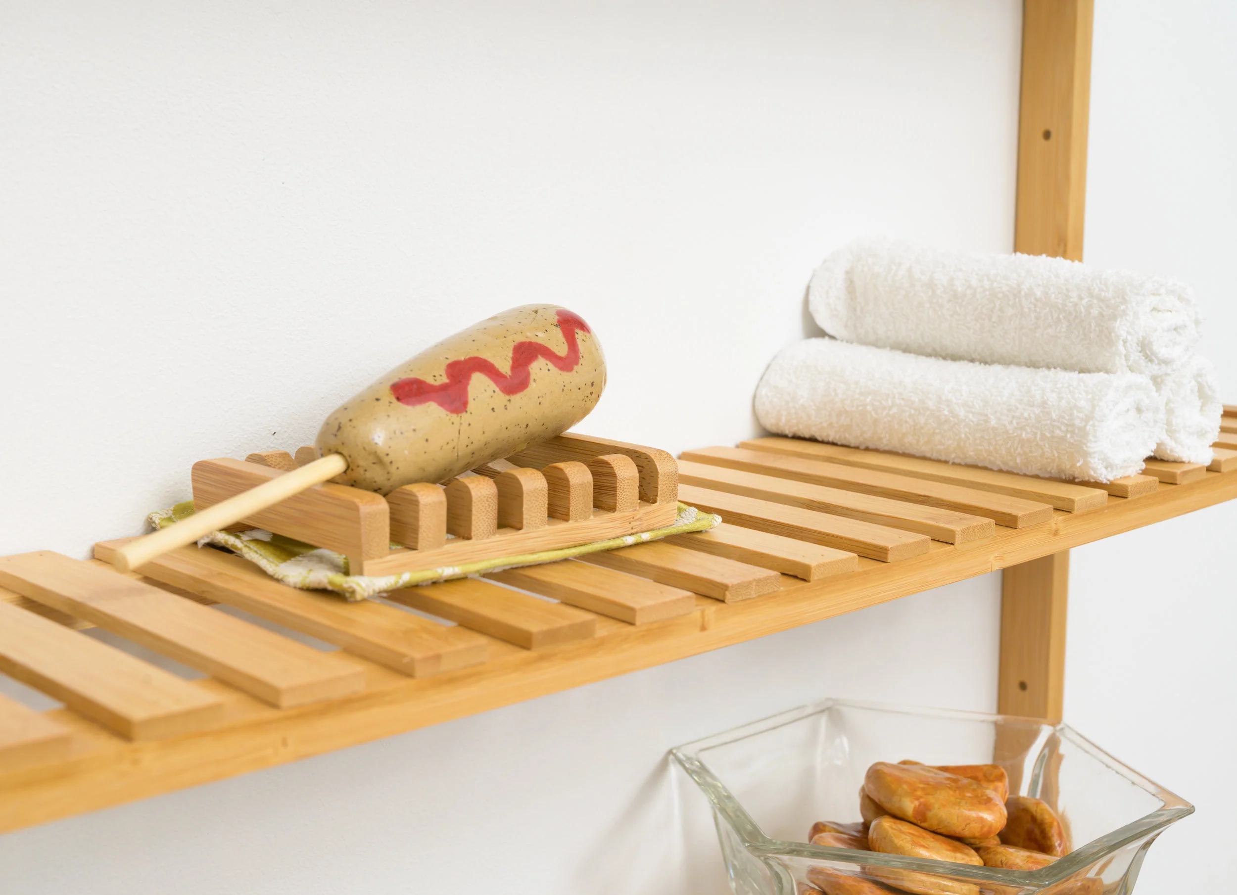 Day 2, 8:41pm: Corn Dog, 2019 Glazed ceramic, chopstick, fabric place mat, bamboo holder 4 x 8 x 2.5”