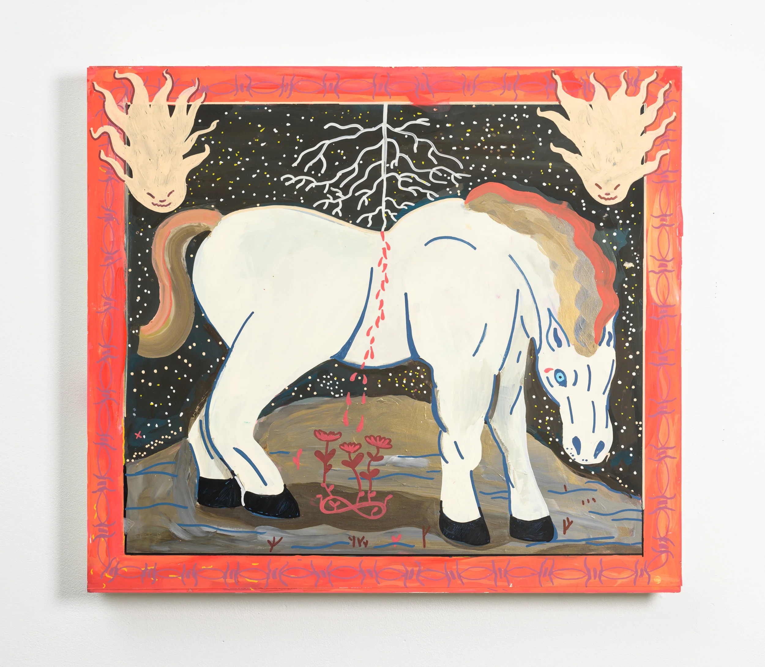 The white horse follows us still, 2019 gouache, yupo, wood 24 x 20”