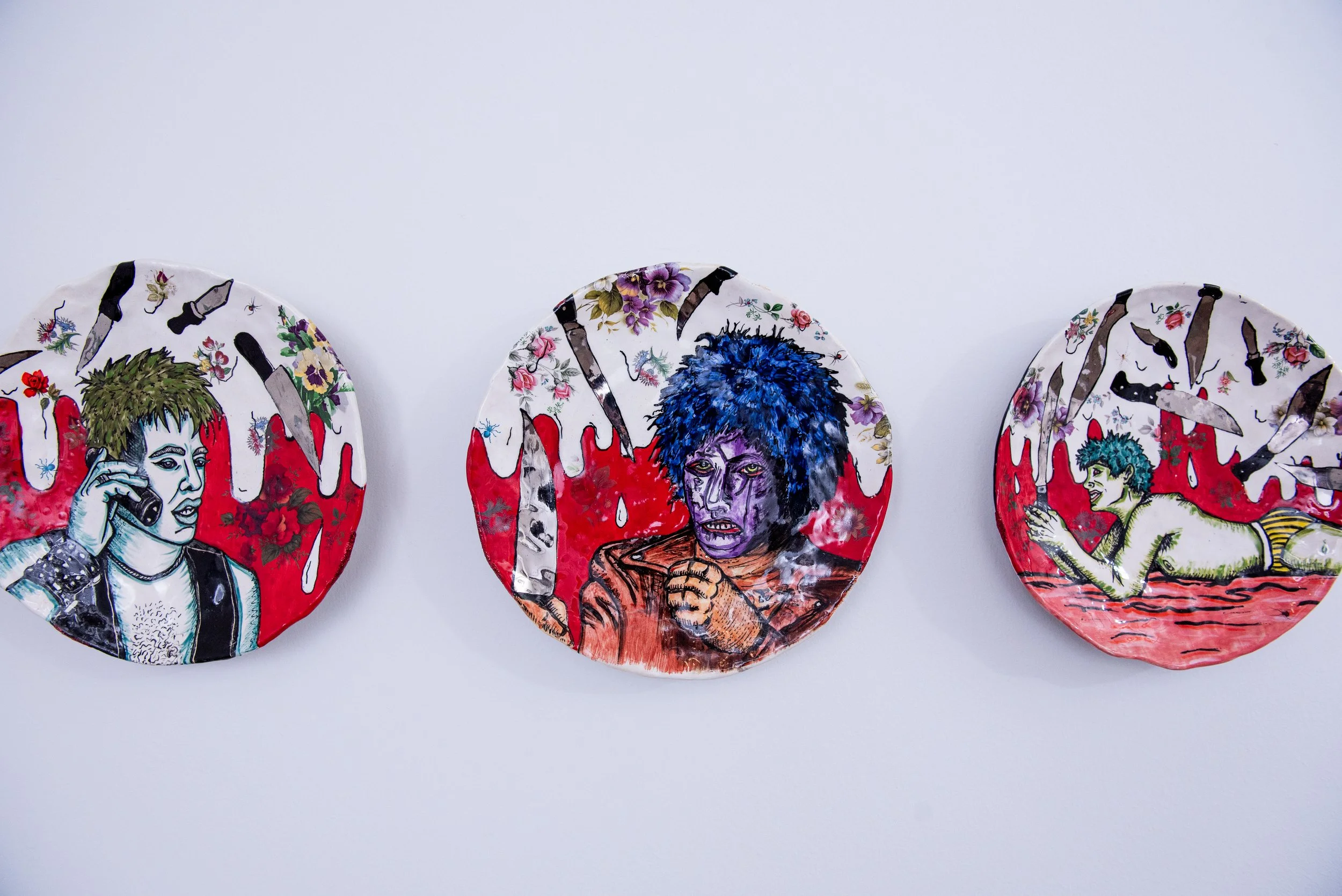 Ian Park, 'Knife + Heart' & 'Death on the Beach' & 'Hide and go Shriek' from the 'Serial Sissies' series, 2025, Ceramic, 9in. diameter; curated my Manuel Ferreira
