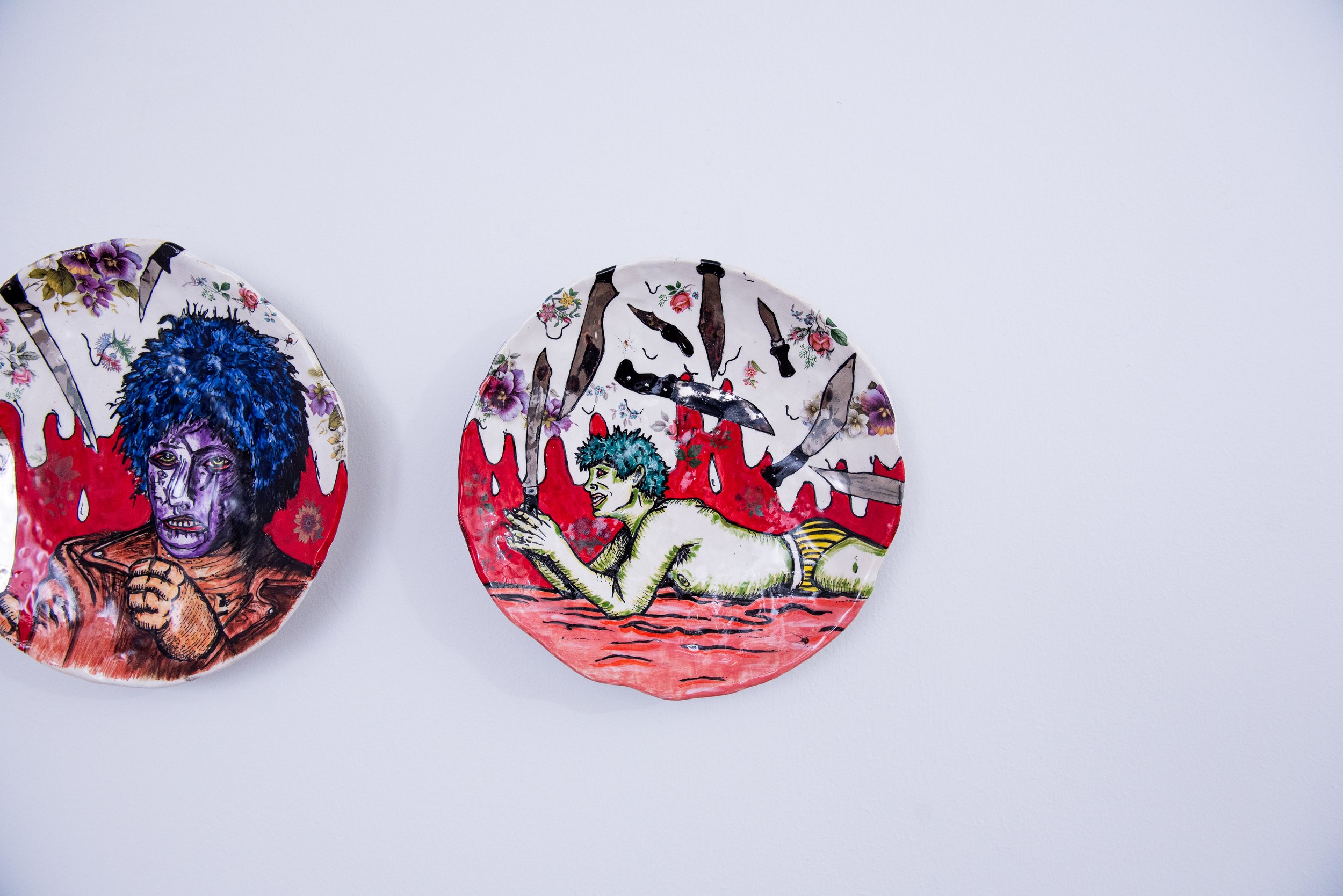 Ian Park, 'Death on the Beach' & 'Hide and go Shriek' from the 'Serial Sissies' series, 2025, Ceramic, 9in. diameter; curated my Manuel Ferreira