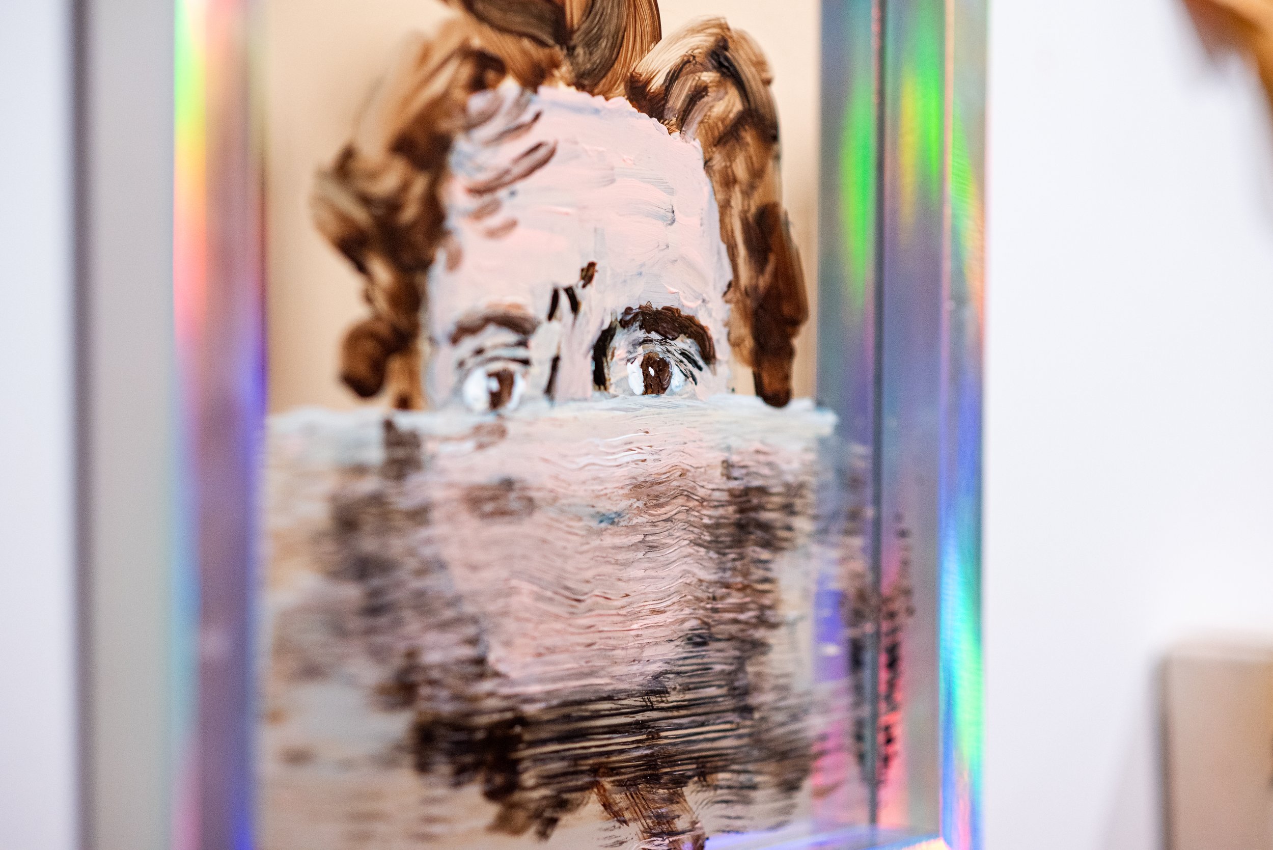 Detail View, RJ Supa, 'Narcissus II', 2025, Acrylic and gouache on mirror, 10 x 10 in. ; Curated by Brooke Tomiello