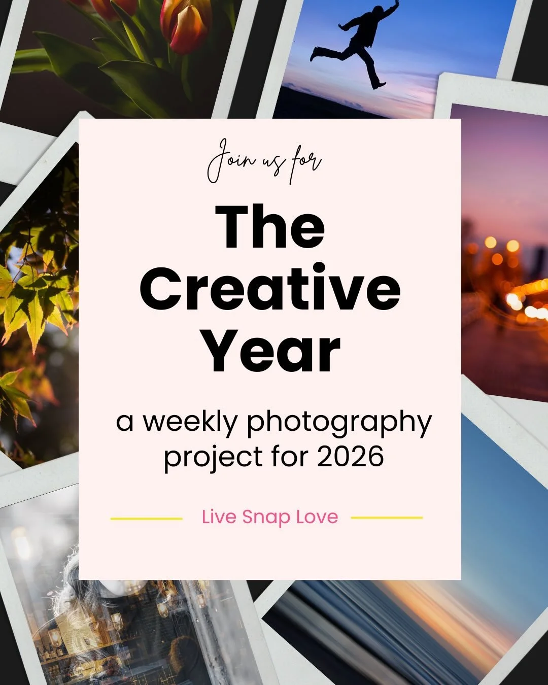 🥰 Want weekly ideas, inspiration and motivation to grow your photography skills and have fun with your camera - all year long?

Then come join me for The Creative Year - a year long workshop designed to spark your imagination, get you trying new thi