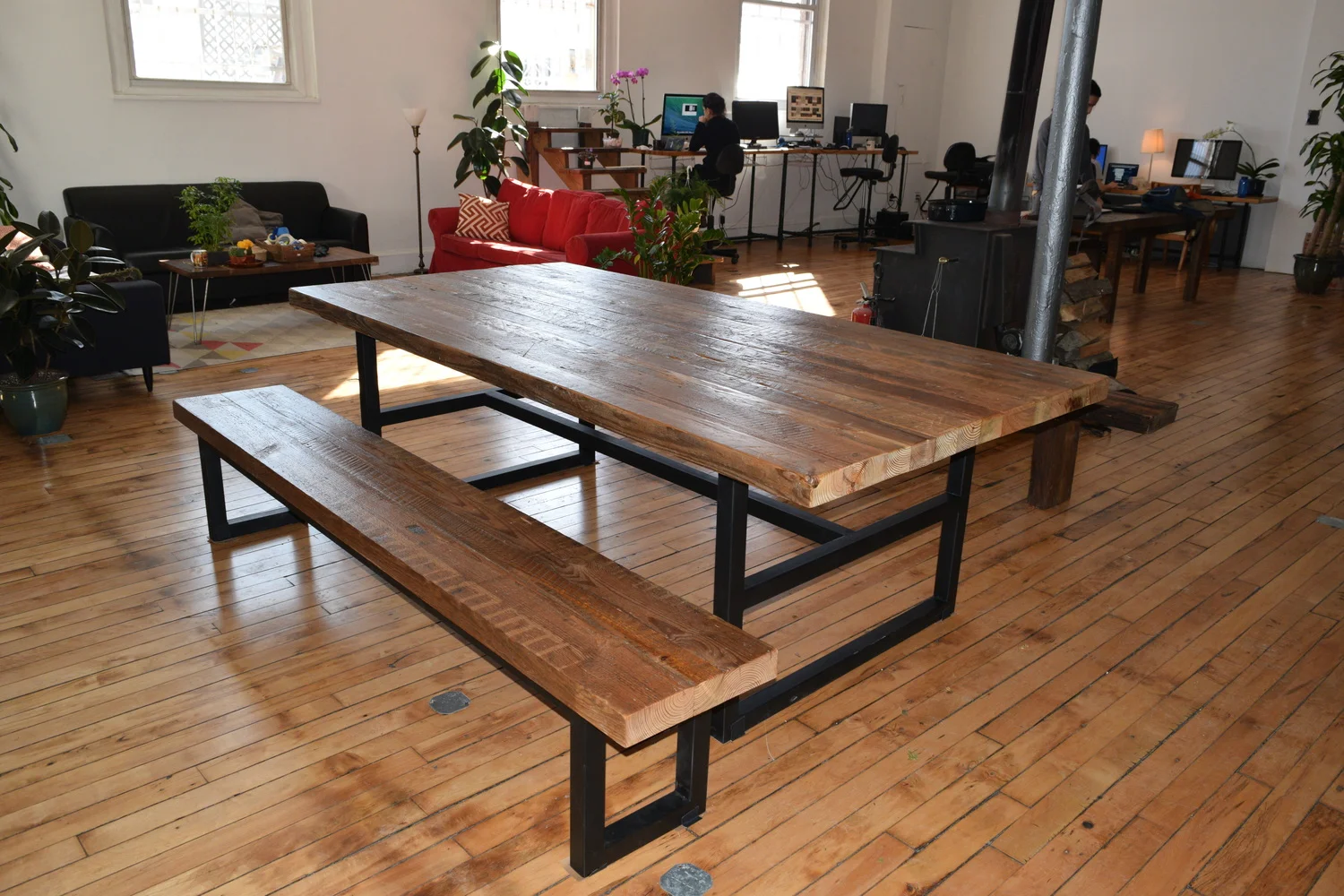 Wood Table and Bench with Iron Base