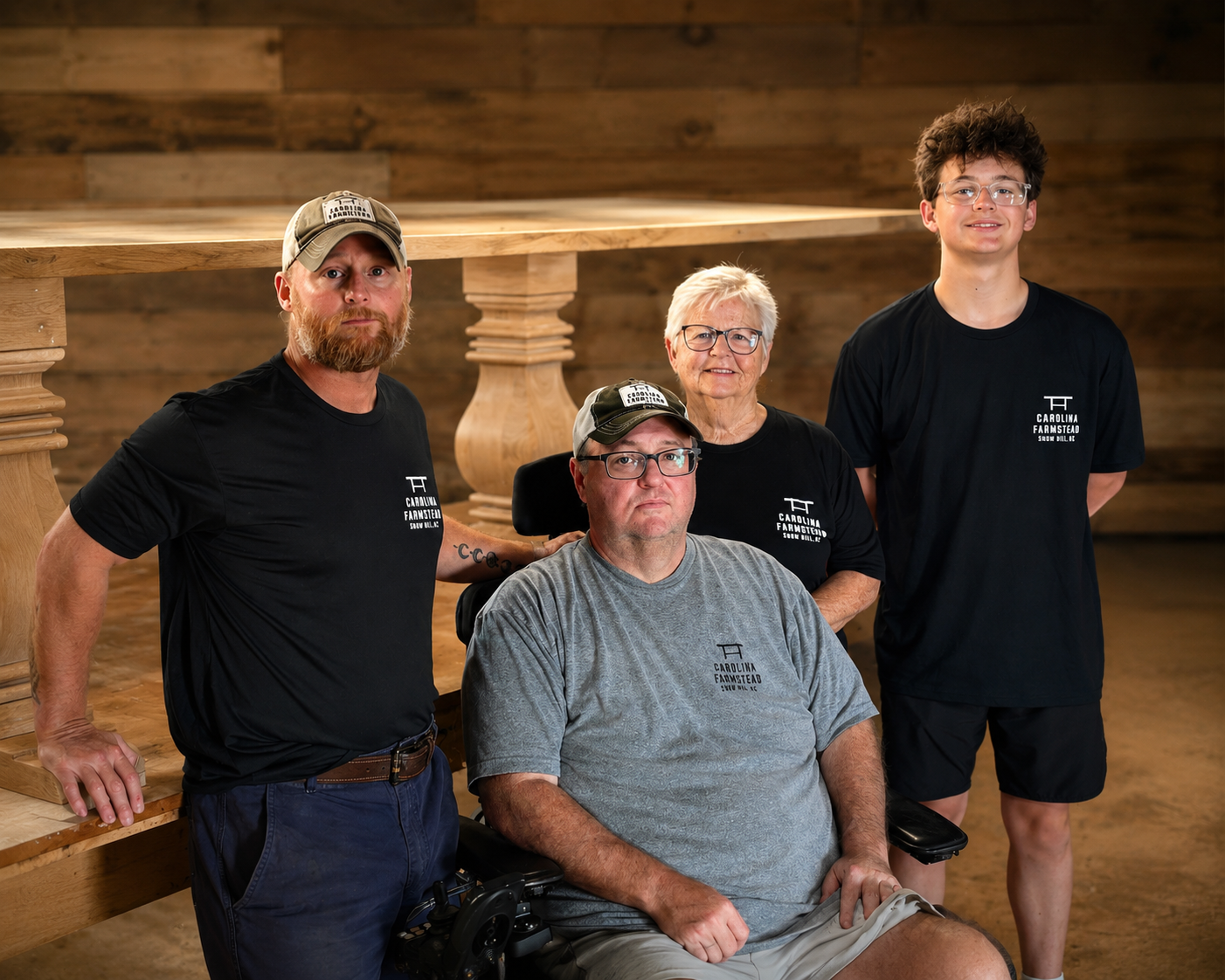 Three generations of the Carolina Farmstead family in their North Carolina workshop