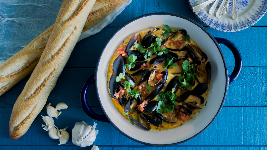 Mussels steamed in a chorizo, tomatoes, tarragon and cream sauce.