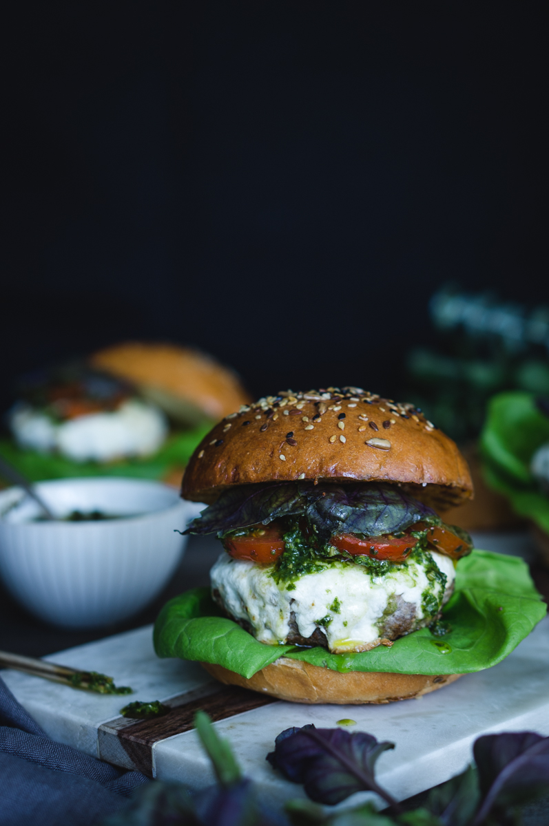 Beef burger with purple basil pesto